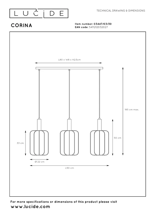 Lucide CORINA - Hanglamp - 3xE27 - Zwart - technisch